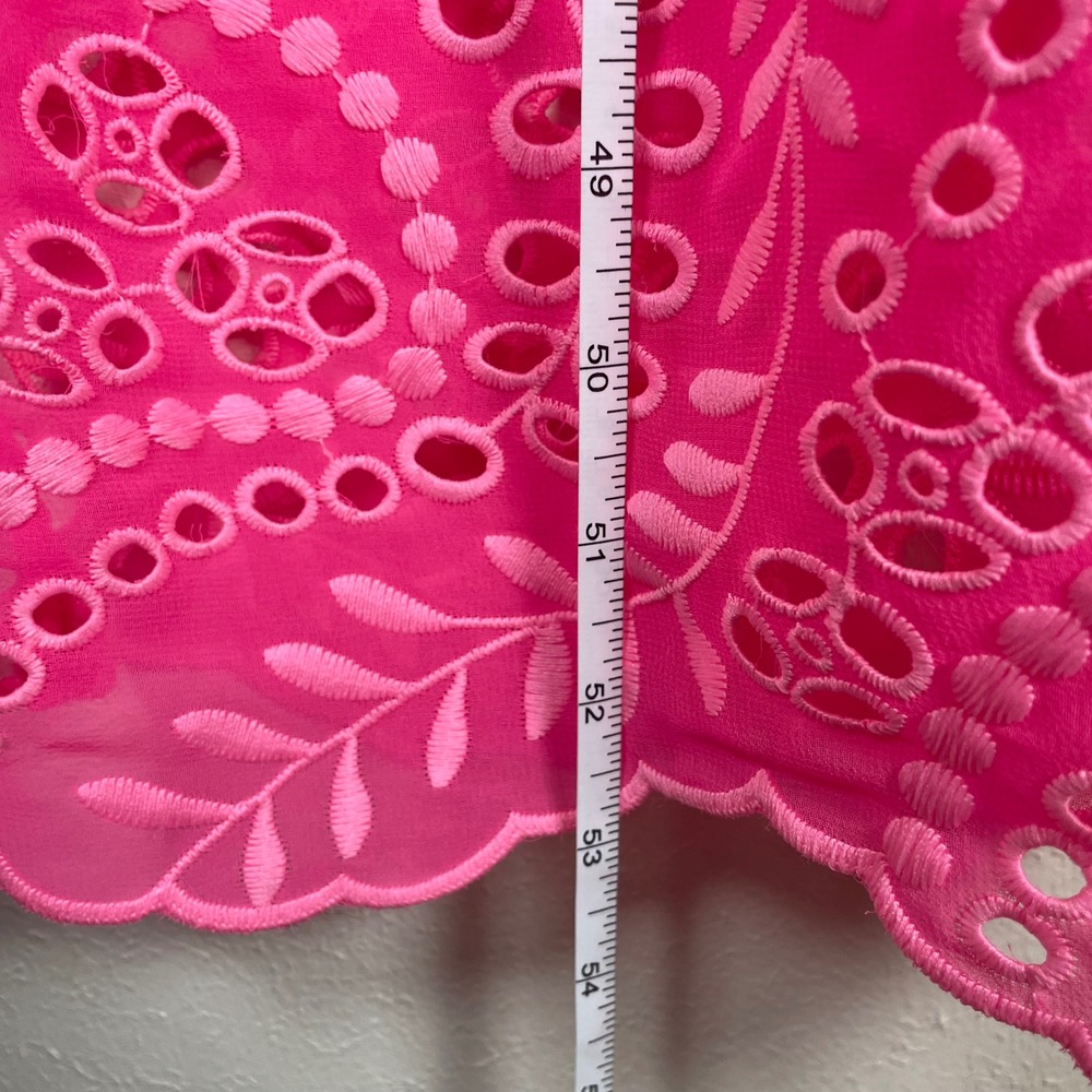 Hot Pink Eyelet Embroidery Button Front Maxi Dress Collared 3/4 Sleeve Scalloped - Picture 5 of 7